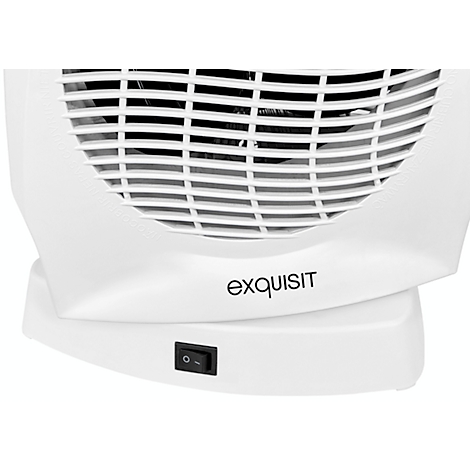 Close-up of a white fan heater with a black on-off switch. The logo "exquisit" is visible.