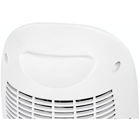 Close-up of a white appliance with a handle and ventilation slots.