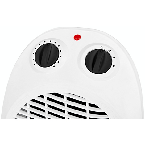 Close-up of a white fan heater. At the top are two black knobs and a red power indicator. Below is a ventilation grille.
