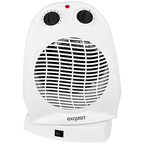 White fan heater, round grid, two knobs, red light. Inscription: exquisit.