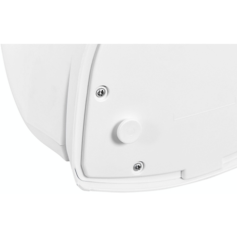 Close-up of a white, rounded object with screws and a button.
