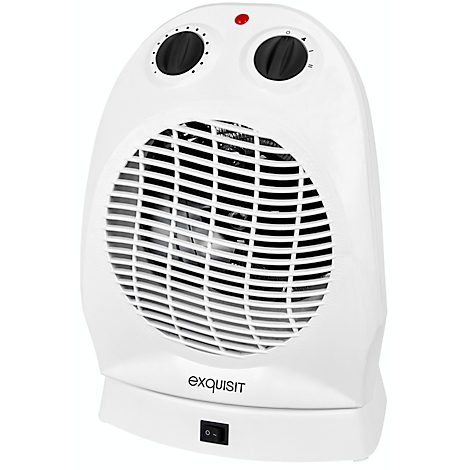 White fan heater with black knobs and on/off switch. Company: Exquisit.