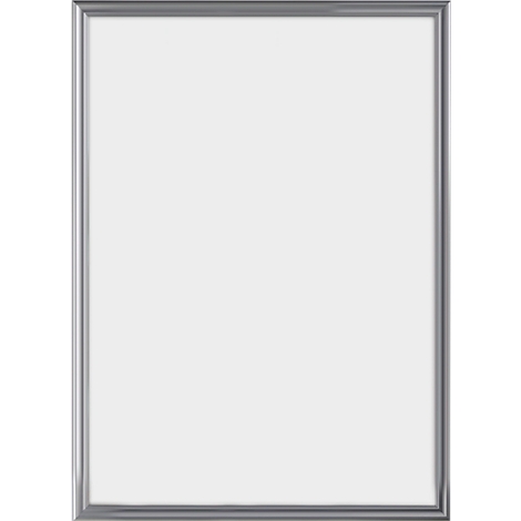 Square, silver frame with white background.