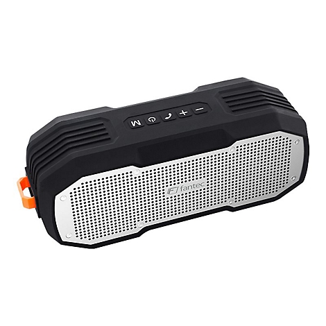 Schwarzer Bluetooth-Lautsprecher mit orangefarbenen Elementen und Bedienelementen oben. Auf der Front ist der Schriftzug fantec zu sehen.