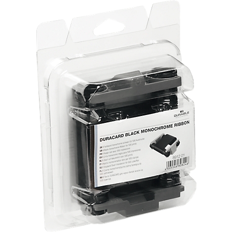 Schwarze Farbbandkassette in transparentem Kunststoff verpackt, mit Aufdruck.