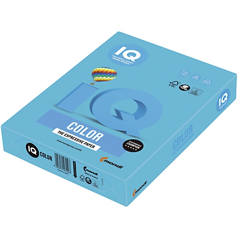 Blaues Papierpaket mit 'IQ Color'-Logo, Heißluftballon-Grafik und 'THE EXPRESSIVE PAPER'-Schriftzug.
