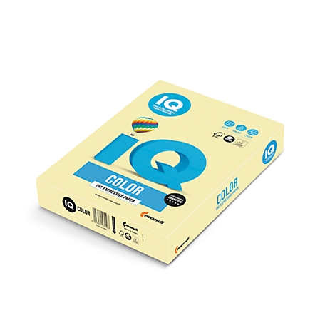 Ein Papierpaket mit IQ Color-Logo, gelblich, mit blauer Schrift und einem Heißluftballon-Symbol.