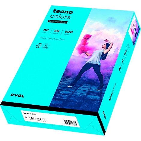 Türkisfarbene Papierbox mit Aufdruck, Frau mit rosa Rauch in Szene gesetzt. Beschriftung: Tecno Colors, 80g, A3, 500 Blatt.