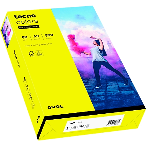 Gelber Papierkarton mit Aufdruck und einer Person mit Rauch. Aufschrift: tecno colors, 80g, A3, 500 Blatt.