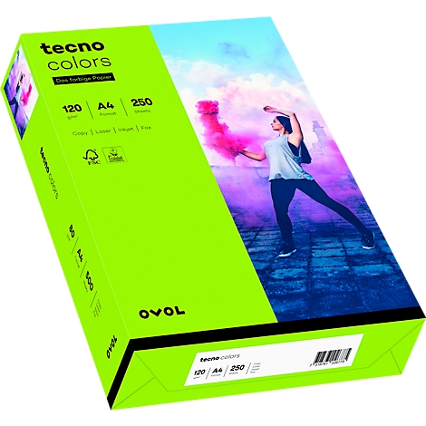 Grüne Papierverpackung mit Text, auf der eine Person mit Rauchfarben zu sehen ist. Oben links steht „Tecno Colors“. Das Papier hat die Größe A4.
