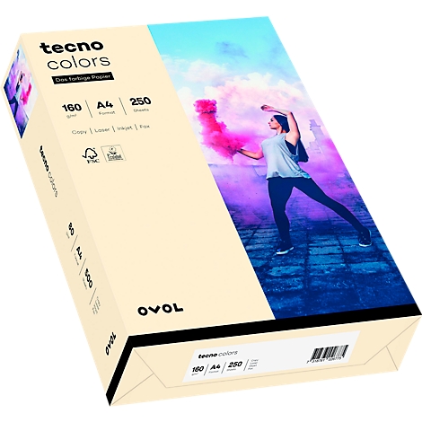 Papierverpackung mit "Tecno Colors" und einer Person, die farbigen Rauch in die Luft wirft. Details: 160g, A4, 250 Blatt.