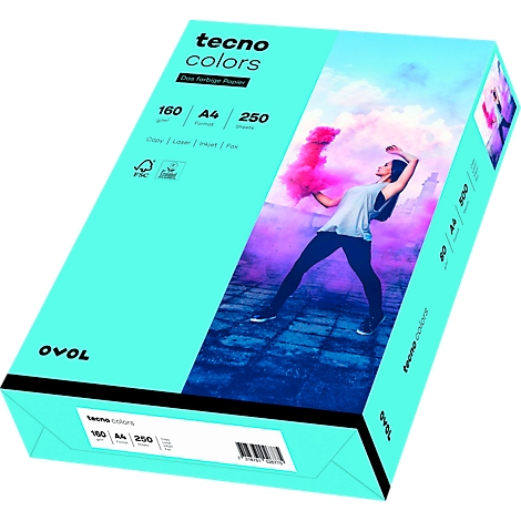Türkis farbene Papierverpackung mit Aufdruck "tecno colors". Eine Person tanzt vor einem farbigen Hintergrund.