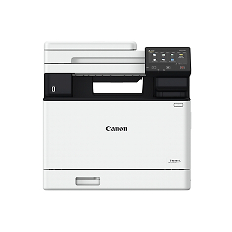 Weißer Canon-Multifunktionsdrucker. Schwarzes Bedienfeld mit Touchscreen.