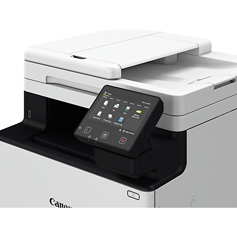 Drucker Canon, weiß und grau, mit Touchscreen. Icons auf dem Bildschirm.