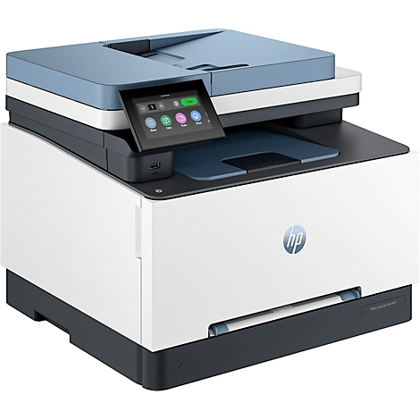Ein weiß-blauer HP-Multifunktionsdrucker mit Touchscreen-Display. Auf dem Display sind verschiedene Symbole zu sehen.