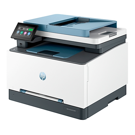 Ein weißer HP-Farblaserdrucker mit blauem Deckel und Touchscreen-Bedienfeld.