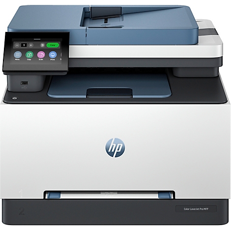 Weiß-blauer HP-Multifunktionsdrucker. Bedienfeld mit Touchscreen, USB-Anschluss. Papierausgabe unten.