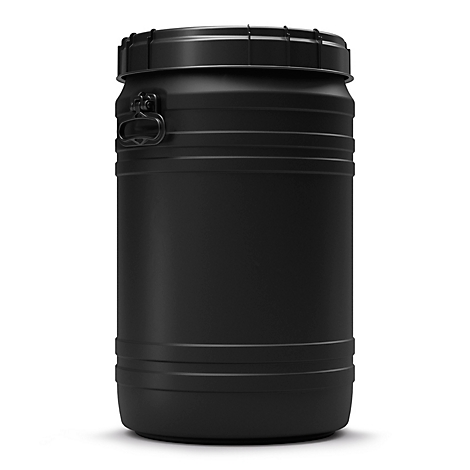 Schwarzer Kunststofffass mit Deckel und Schnappverschluss.