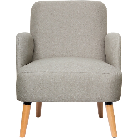 Fauteuil gris avec pieds en bois. Accoudoirs et dossier arrondis.
