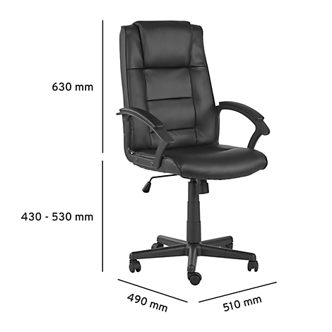 Chaise de bureau noire, dimensions : 630 mm de haut, 430-530 mm de hauteur d'assise, 490 mm de large et 510 mm de profondeur.