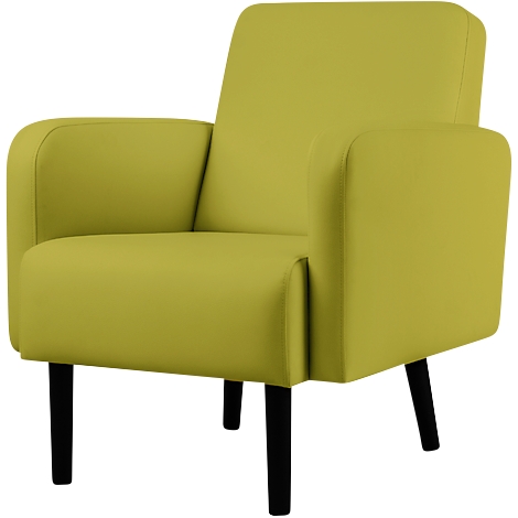 Een moderne, lichtgroene fauteuil met zwarte poten. Armleuningen en rugleuning zijn gestoffeerd.