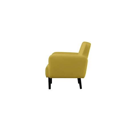 Gele fauteuil, zijaanzicht. Zwarte poten, witte achtergrond.