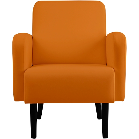 Een oranje fauteuil met zwarte poten. De fauteuil heeft een rechthoekige rugleuning en armleuningen.