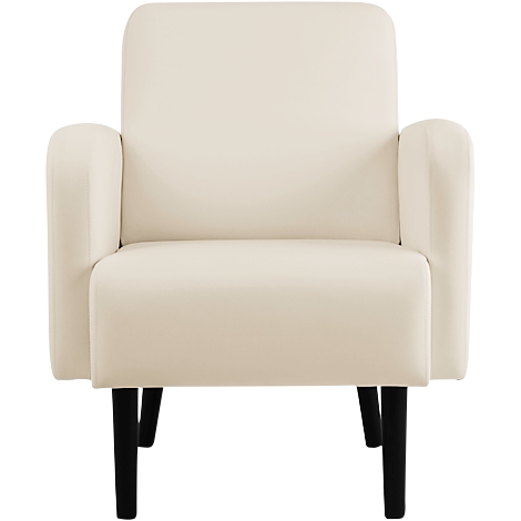 Crèmekleurige fauteuil met zwarte poten, recht van voren gefotografeerd.