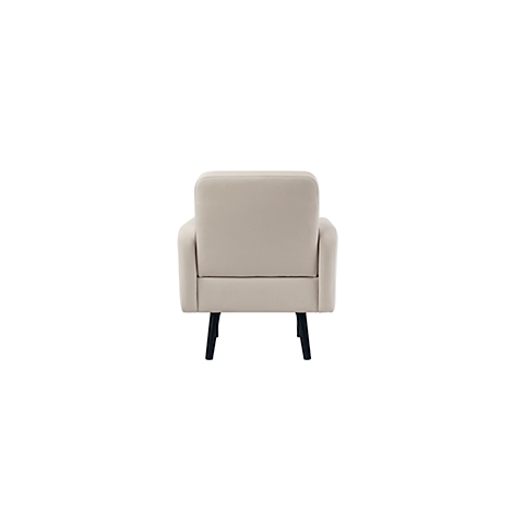 Beige fauteuil, achteraanzicht, zwarte poten.