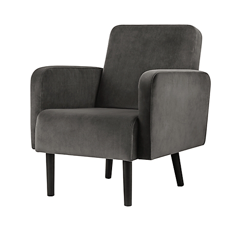 Grijze velours fauteuil met houten poten.
