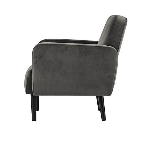 Zijaanzicht van een grijze fauteuil met houten poten. Gestoffeerd, moderne vorm.
