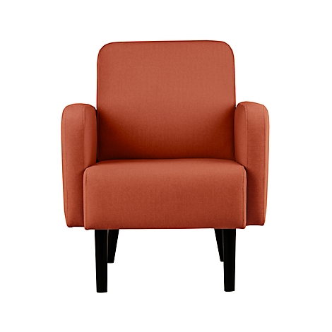 Un fauteuil rouge avec des pieds noirs, vue de face.