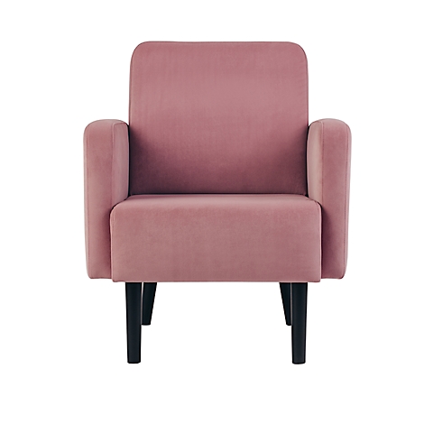 Un fauteuil rose avec des pieds noirs, sur fond blanc.