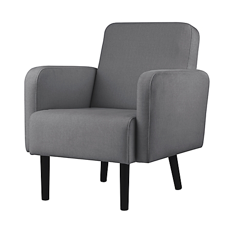 Grijze fauteuil met zwarte poten, modern design. Rechte vorm, goed opgevuld.