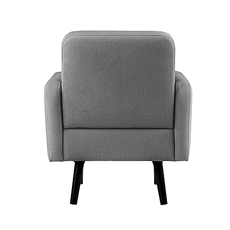 Grijze fauteuil, achteraanzicht. Zwarte houten poten.