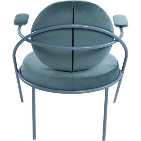 Chaise bleu-vert avec cadre en métal, dossier et assise ronds. Couture noire au milieu.