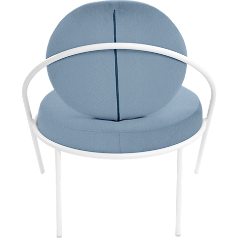 Chaise bleue ronde avec cadre blanc, assise et dossier rembourrés avec couture décorative.