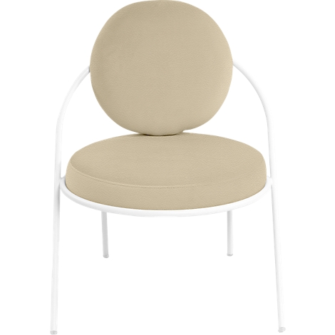 Chaise moderne avec assise et dossier crème, cadre métallique blanc. Forme ronde.