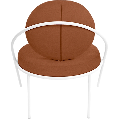 Chaise moderne: assise et dossier ronds bruns, cadre blanc.
