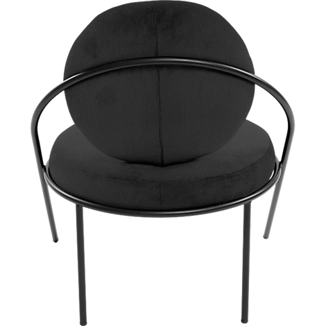 Fauteuil noir avec dossier et assise ronds, structure métallique.