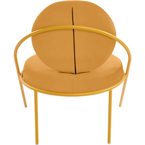 Chaise moutarde, dossier et assise ronds, cadre en métal jaune.