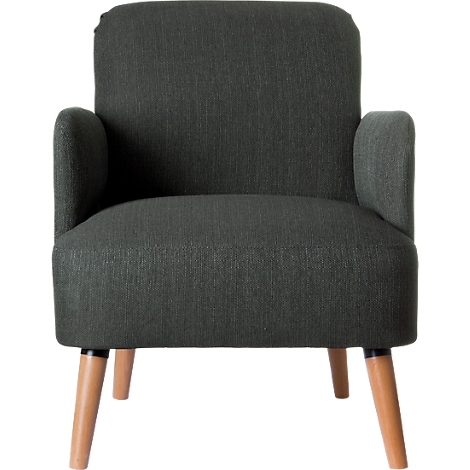 Een groene fauteuil met houten poten. De stof heeft een fijne structuur.