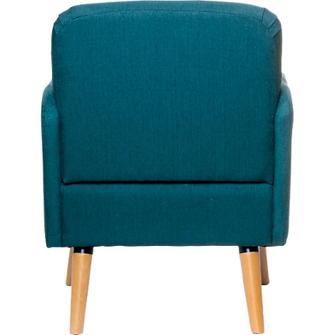Teal fauteuil, achteraanzicht. Houten poten.