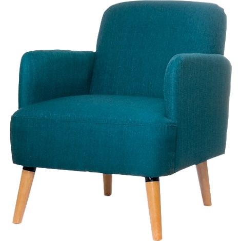Turquoise fauteuil met houten poten.