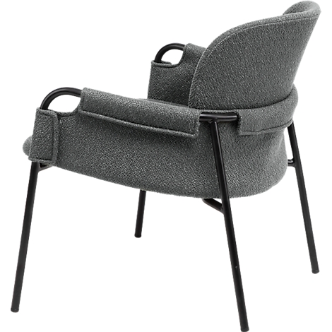 Fauteuil gris avec pieds et accoudoirs en métal noir.