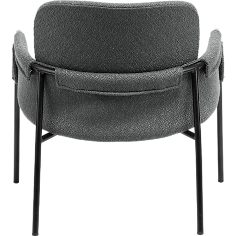Une chaise en tissu gris avec des pieds noirs, le dossier et les accoudoirs sont ronds.