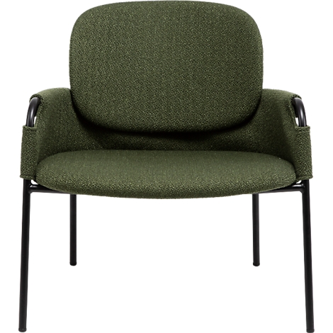 Fauteuil vert avec cadre noir. Le tissu a une texture grossière.