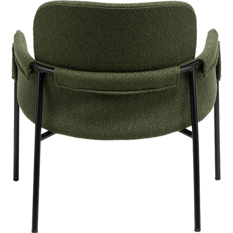 Vue arrière d'une chaise verte. Cadre en métal noir, assise et dossier rembourrés.