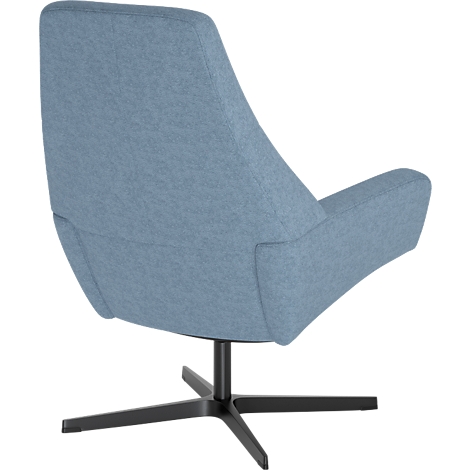 Fauteuil rembourré bleu clair à dossier haut sur une base pivotante noire à quatre branches.