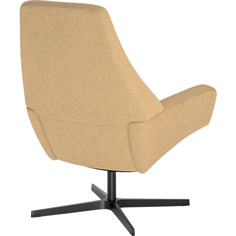Fauteuil beige avec dossier haut et base pivotante noire, vue arrière.